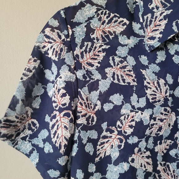 Vintage Japanese silk shirt Navy Blue leaf print - Picture 7 of 9